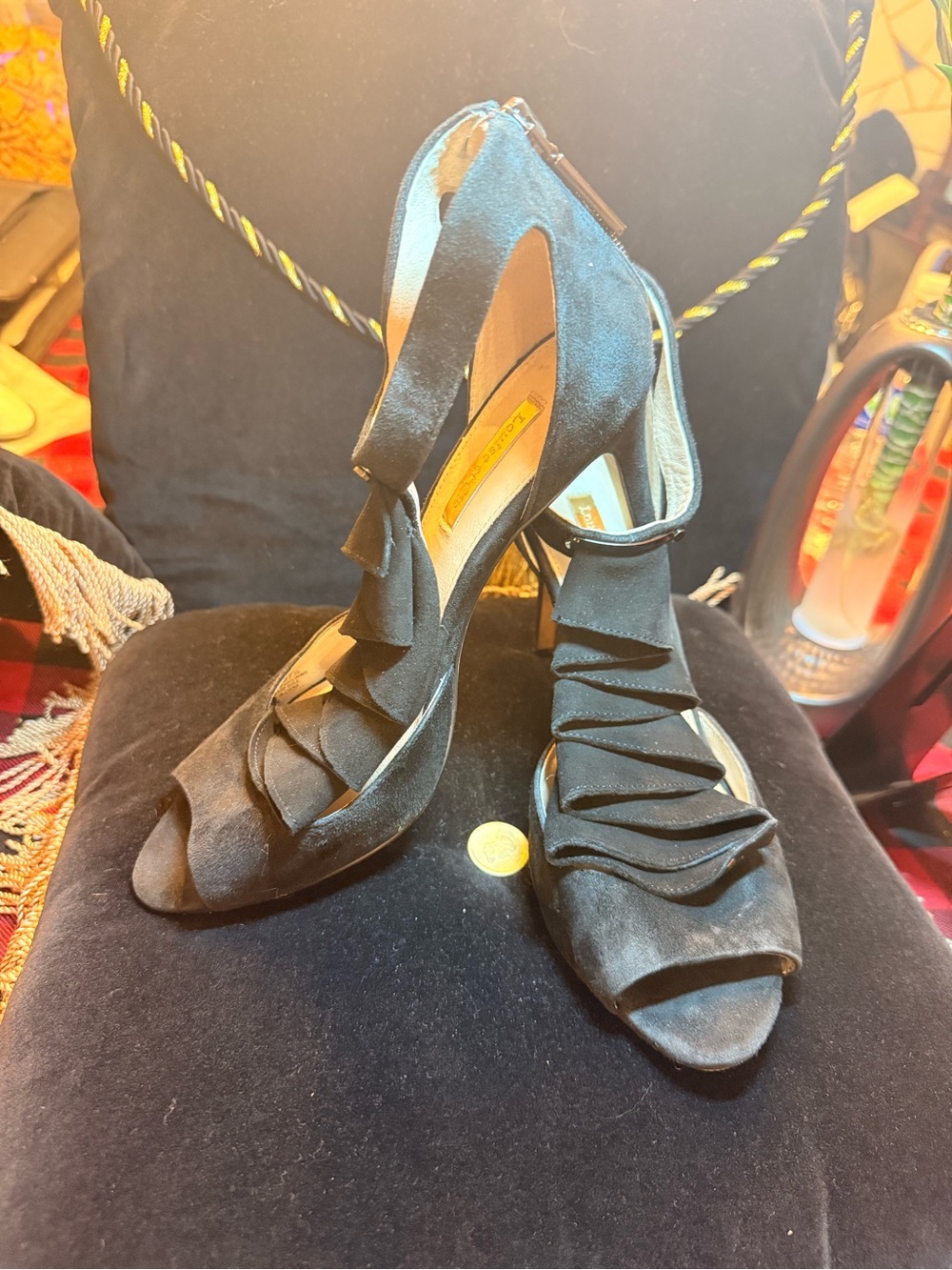 Louise et Cie Black Ruffle Open-Toe Stiletto Sandals with Back Zip